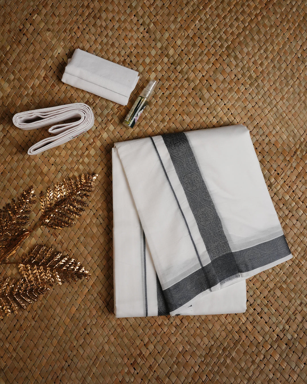 White colour Pure Cotton Double dhoti featuring Grey colour border.