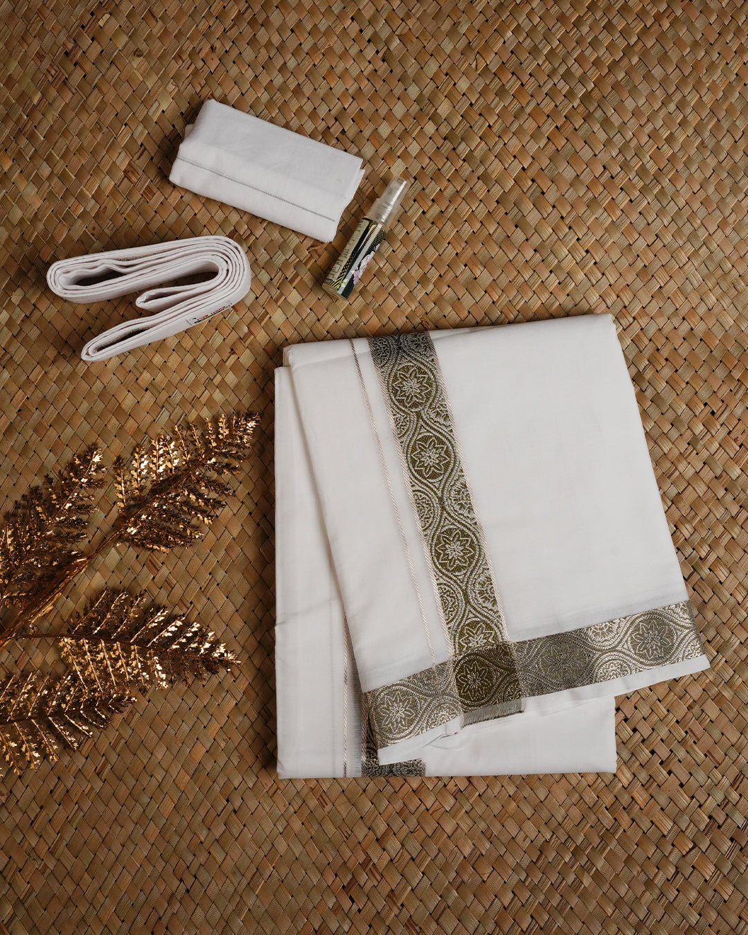 White colour Pure Cotton Double dhoti featuring Grey with Olive colour border.
