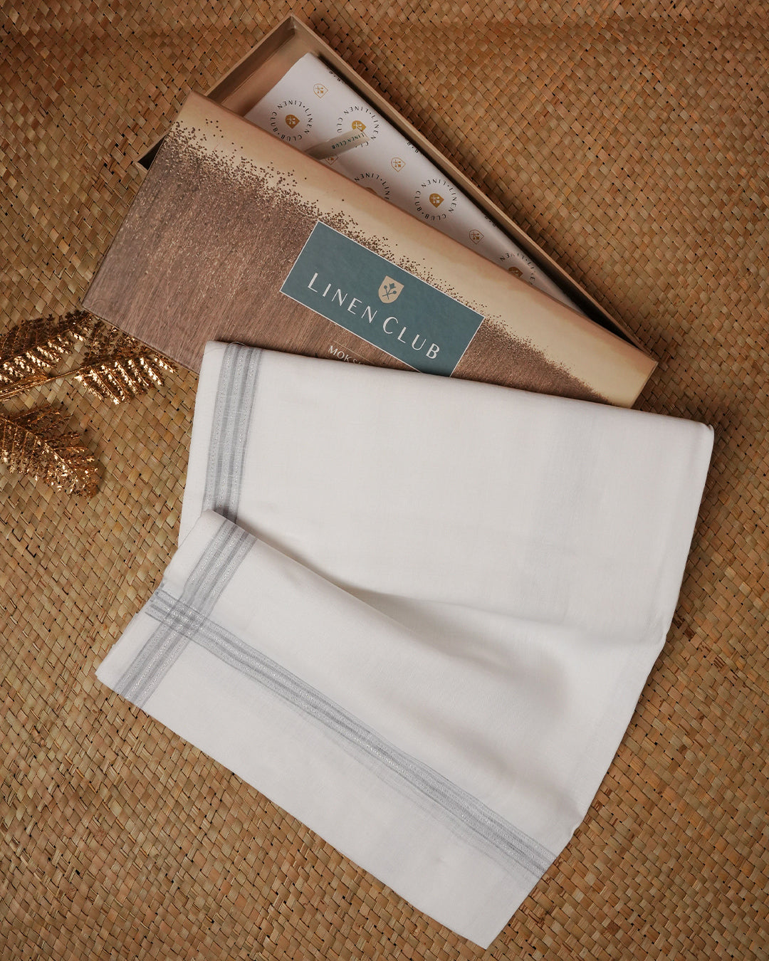White colour Pure Linen Double dhoti With Light gold & Grey zari border.