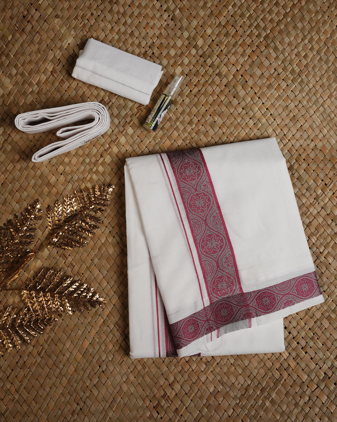 White colour Pure Cotton Double dhoti featuring Grey with red colour border.