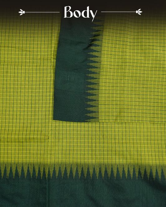 Green colour kalyani cotton saree featuring  check pattern on body, complemented by Dark Green colour with Antique zari border, paired with matching blouse piece