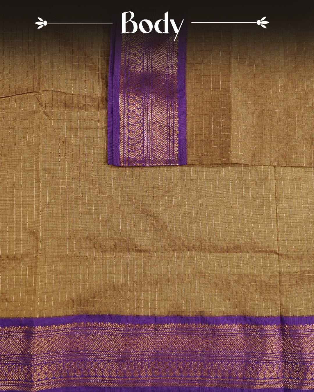 Dark Mustard colour kalyani cotton saree featuring Copper zari check pattern on body, complemented by Violet colour with Antique zari border, paired with matching blouse piece