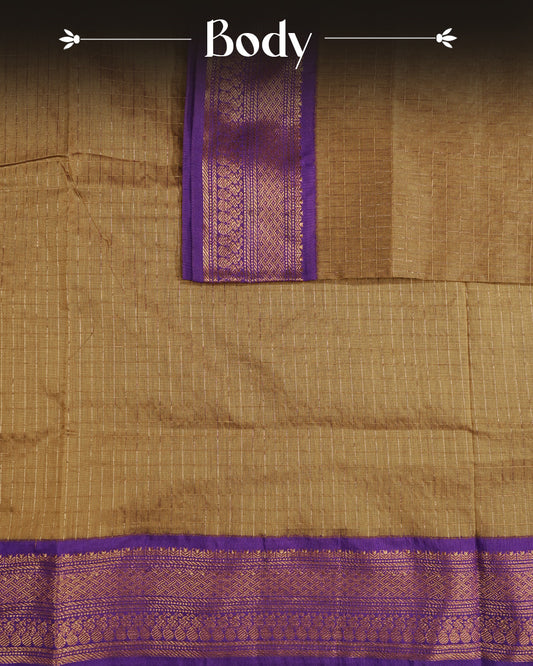 Dark Mustard colour kalyani cotton saree featuring Copper zari check pattern on body, complemented by Violet colour with Antique zari border, paired with matching blouse piece
