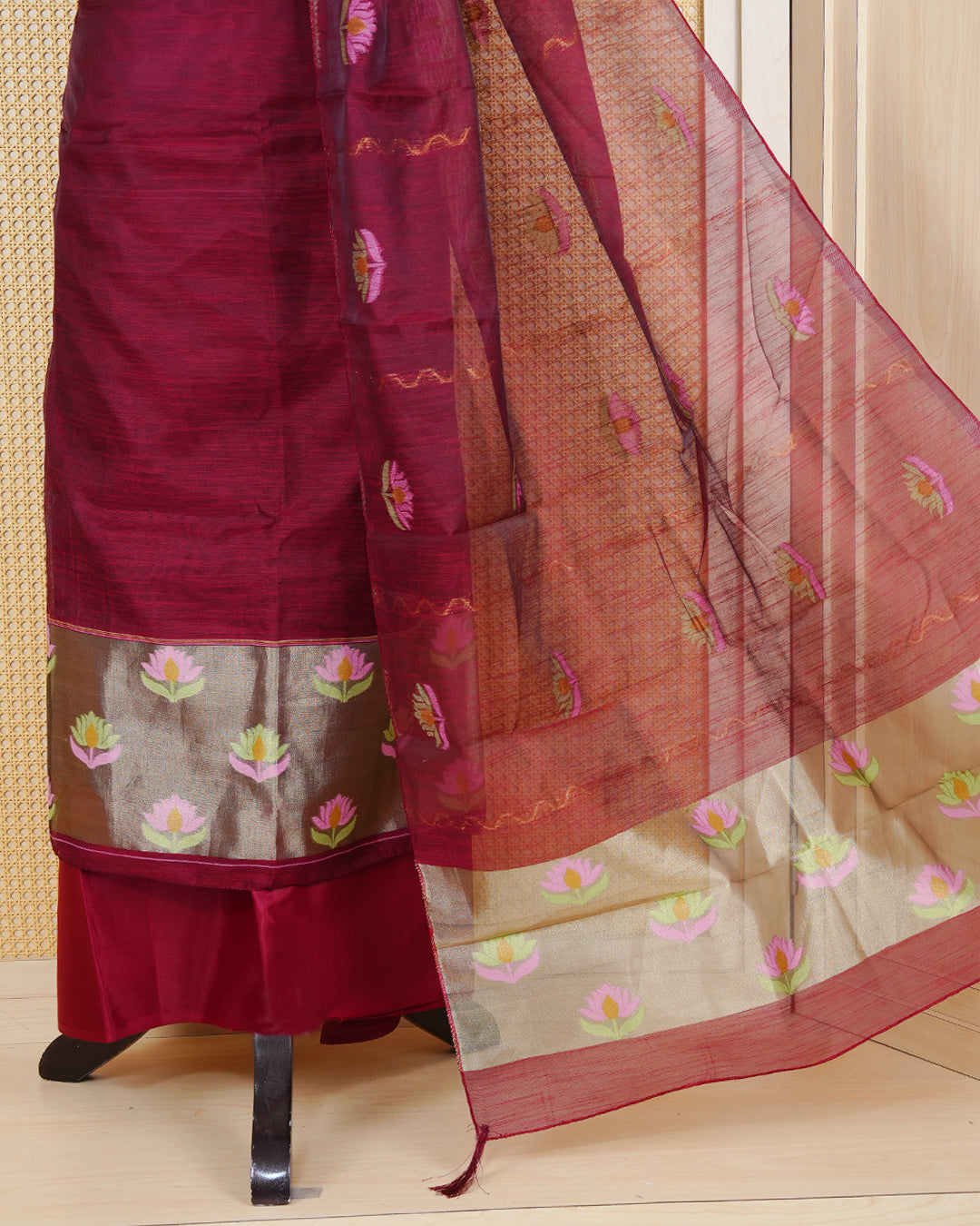 Dark Meroon and Gold Colour Semi Linen Material Featuring Floral Thread Pattern Plain Body, Paired with Matching Bottom & Elegant Dupatta