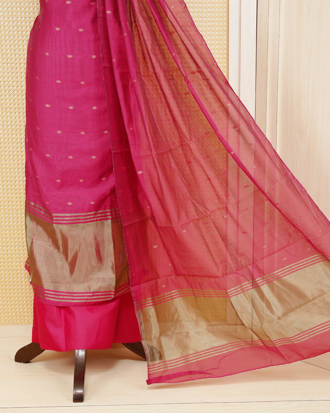 Maroon Colour Mul Chanderi Salwar Material Featuring Gold Zari Buttas on body, Paired With Matching Bottom & Elegant Dupatta