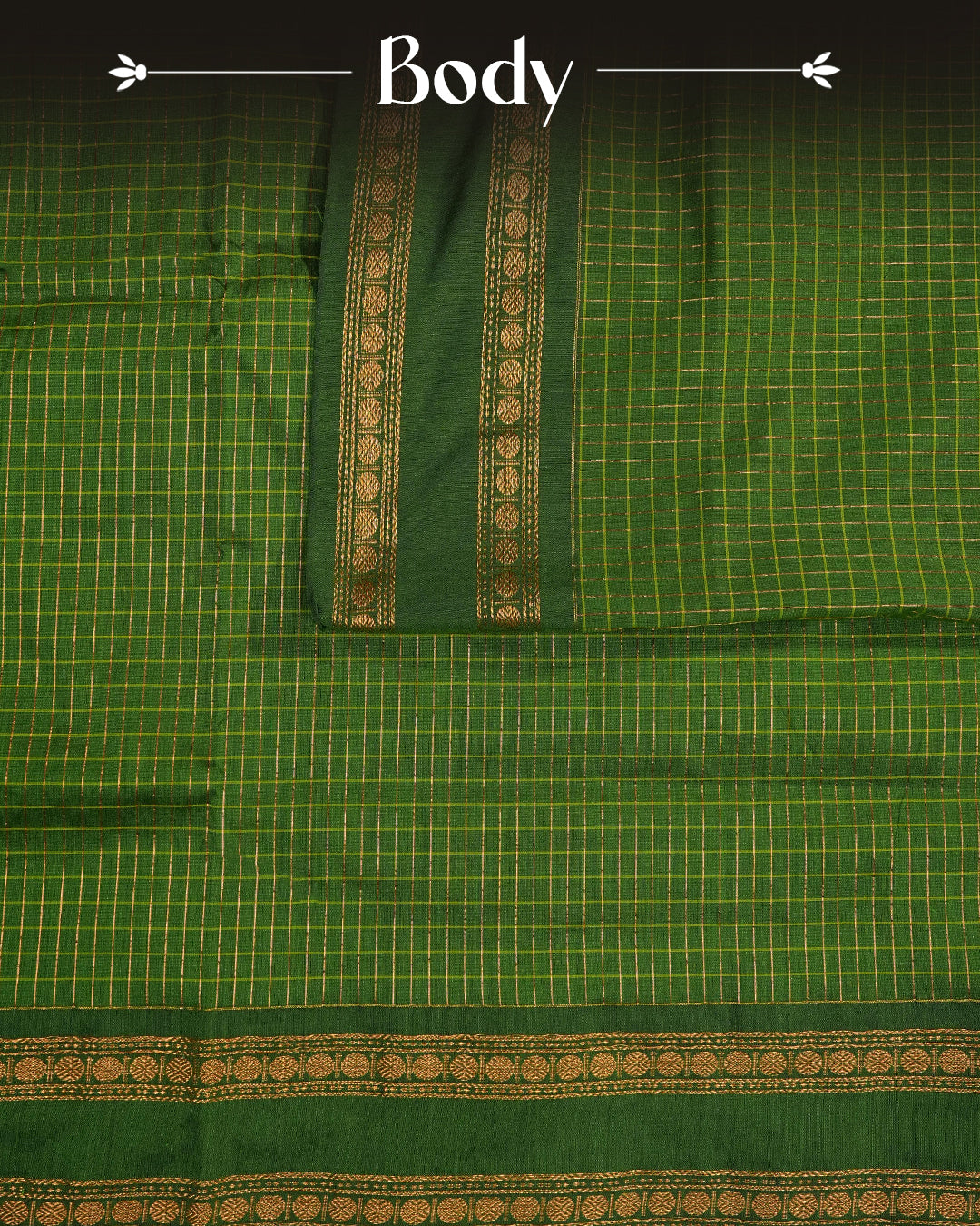 Green colour kalyani cotton saree featuring zari check pattern on body, complemented by Contrast colour with Antique zari border, paired with matching blouse piece