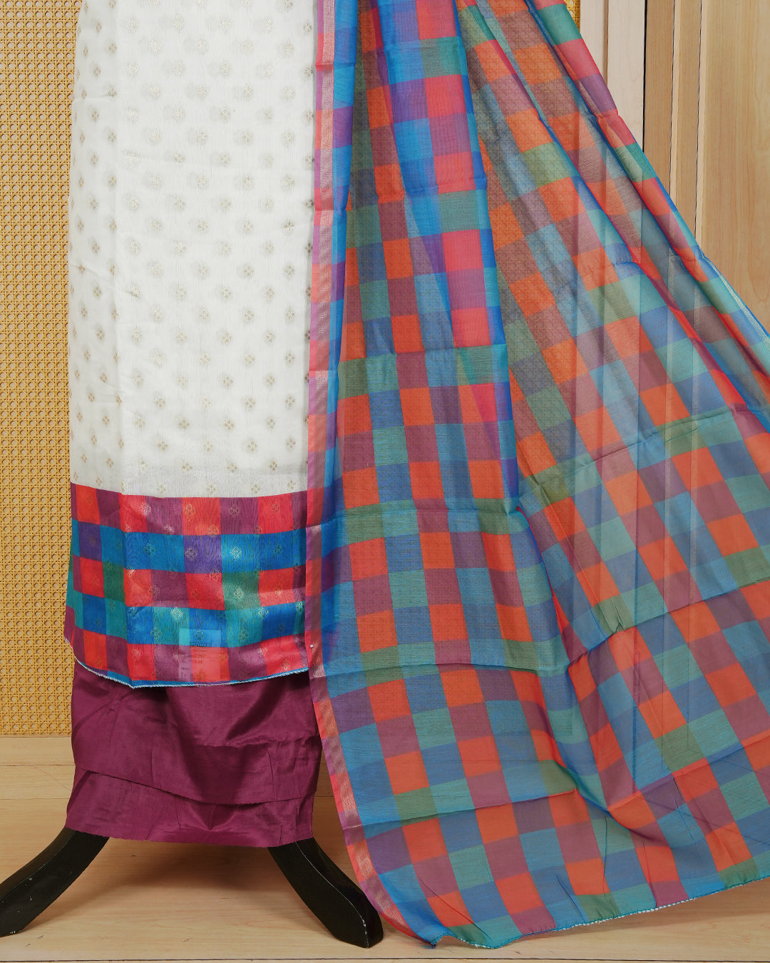 White & Brugundy Chanderi salwar material featuring Gold zari Small motifs on body and Check pattern body, paired with matching colour santoon bottom, elegant dupatta.