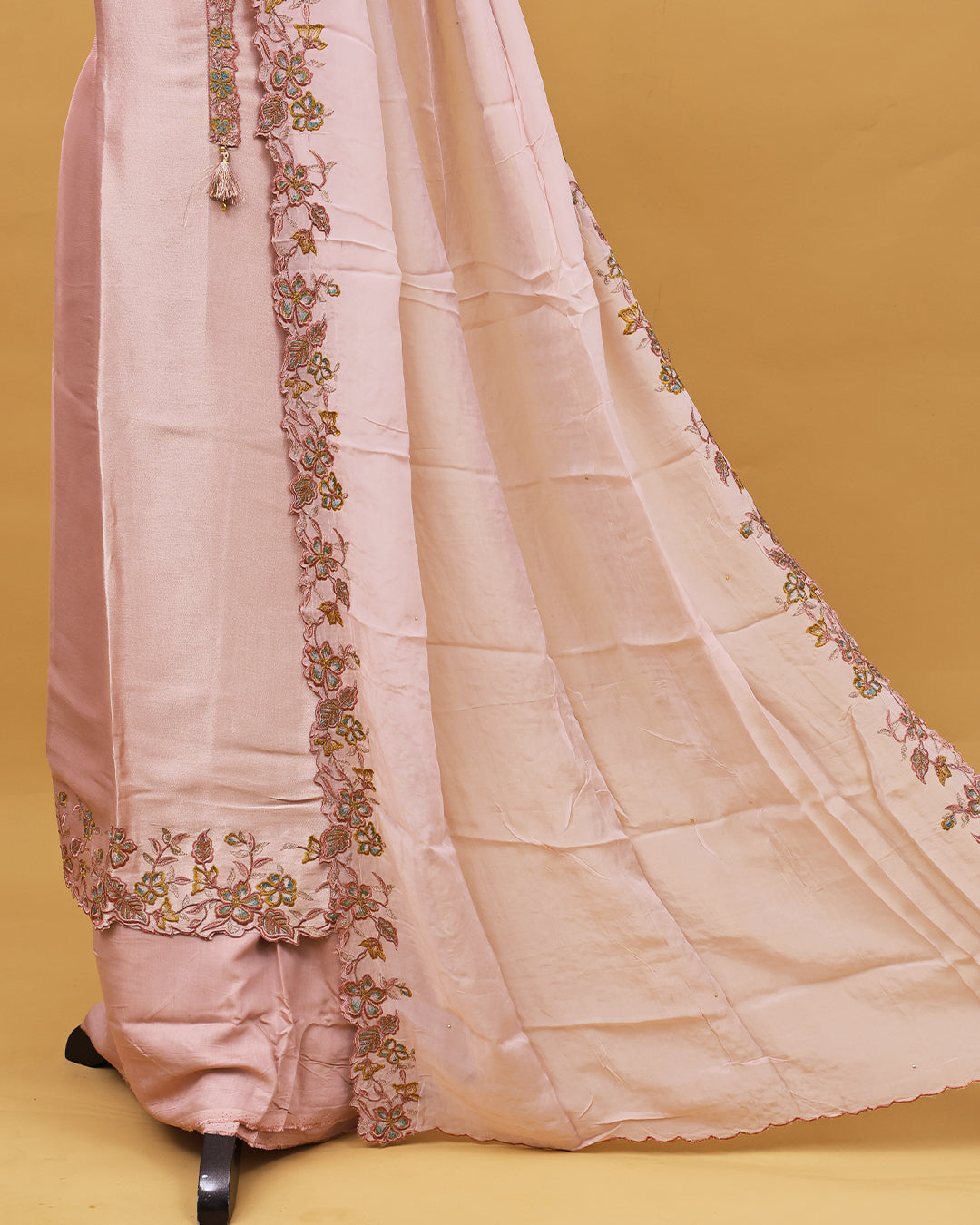 Pastel Pink colour Organza Salwar material with Thread work on body, matching bottom & Dupatta.