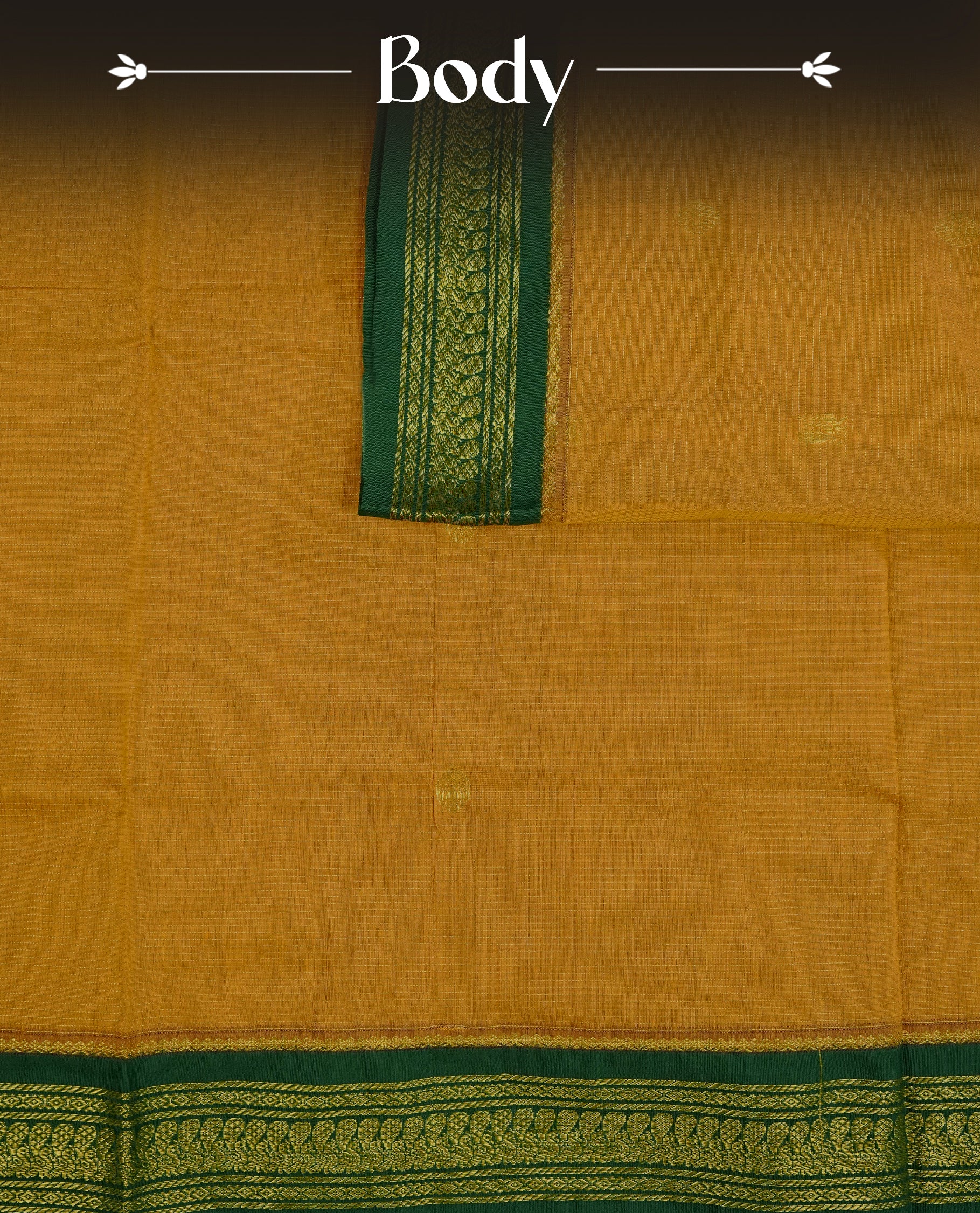 Turmeric Yellow colour kalyani cotton saree featuring gold zari Small checks & Zari Motifs pattern on body, complemented by Dark Green colour with Antique zari border, paired with matching blouse piece