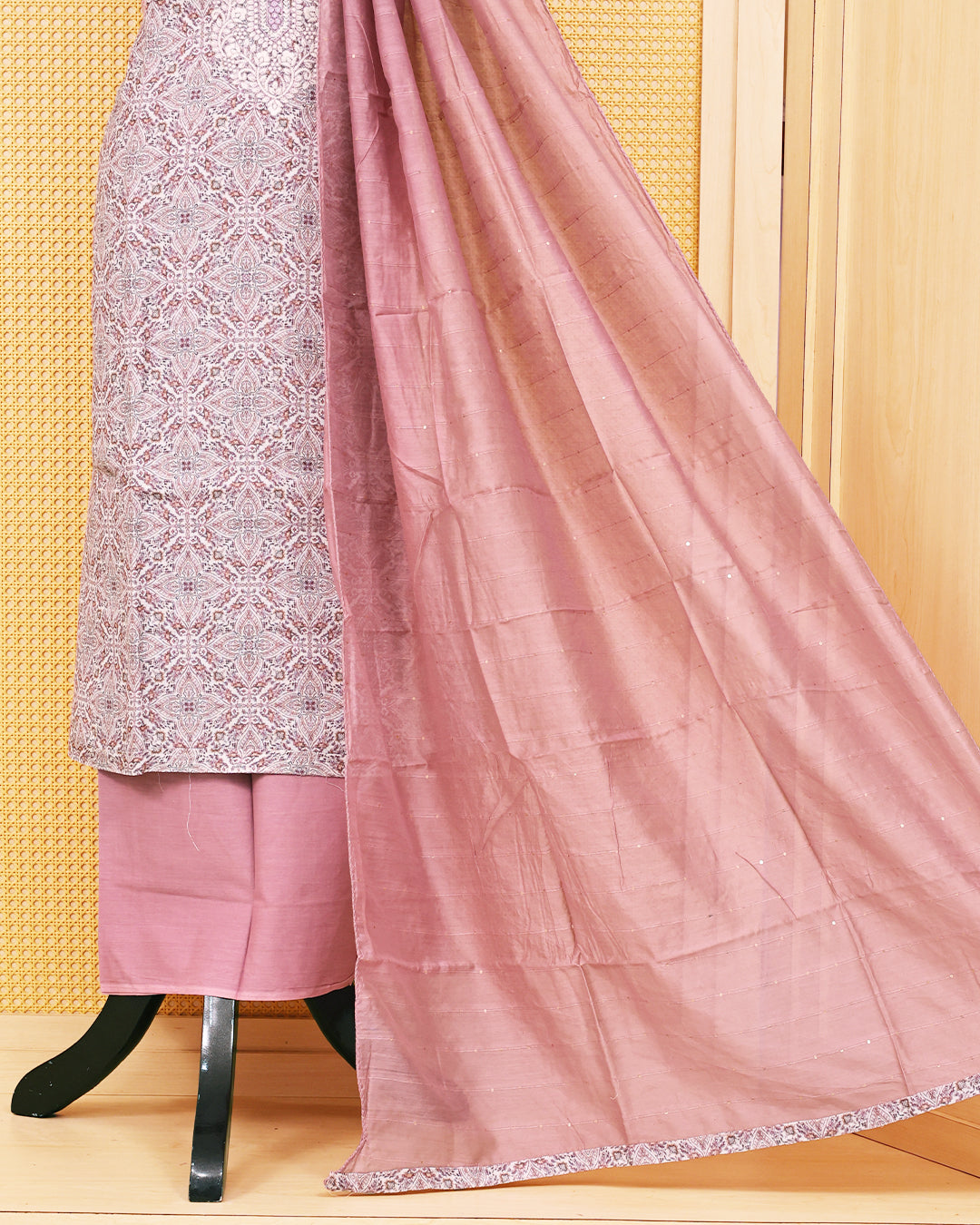 Dusty Pink colour linen Salwar Material featuring elegant printed patterns on the kurta, paired with a matching bottom and a self coloured sequins embellished dupatta.