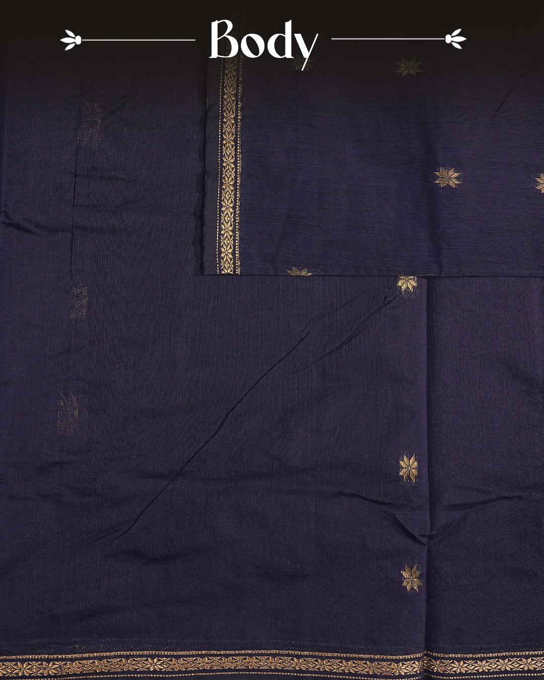 Navy Blue colour kalyani cotton saree featuring gold zari Floral pattern on body, complemented by Maroon colour with Stripes & Floral Gold zari border, paired with matching blouse piece