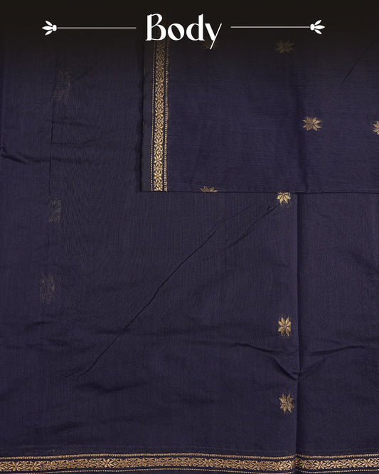 Navy Blue colour kalyani cotton saree featuring gold zari Floral pattern on body, complemented by Maroon colour with Stripes & Floral Gold zari border, paired with matching blouse piece