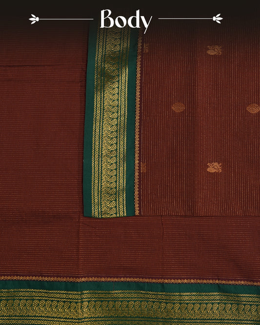 Maroon colour kalyani cotton saree featuring gold zari Stripes on body, complemented by Green colour with Antique zari border, paired with matching blouse piece
