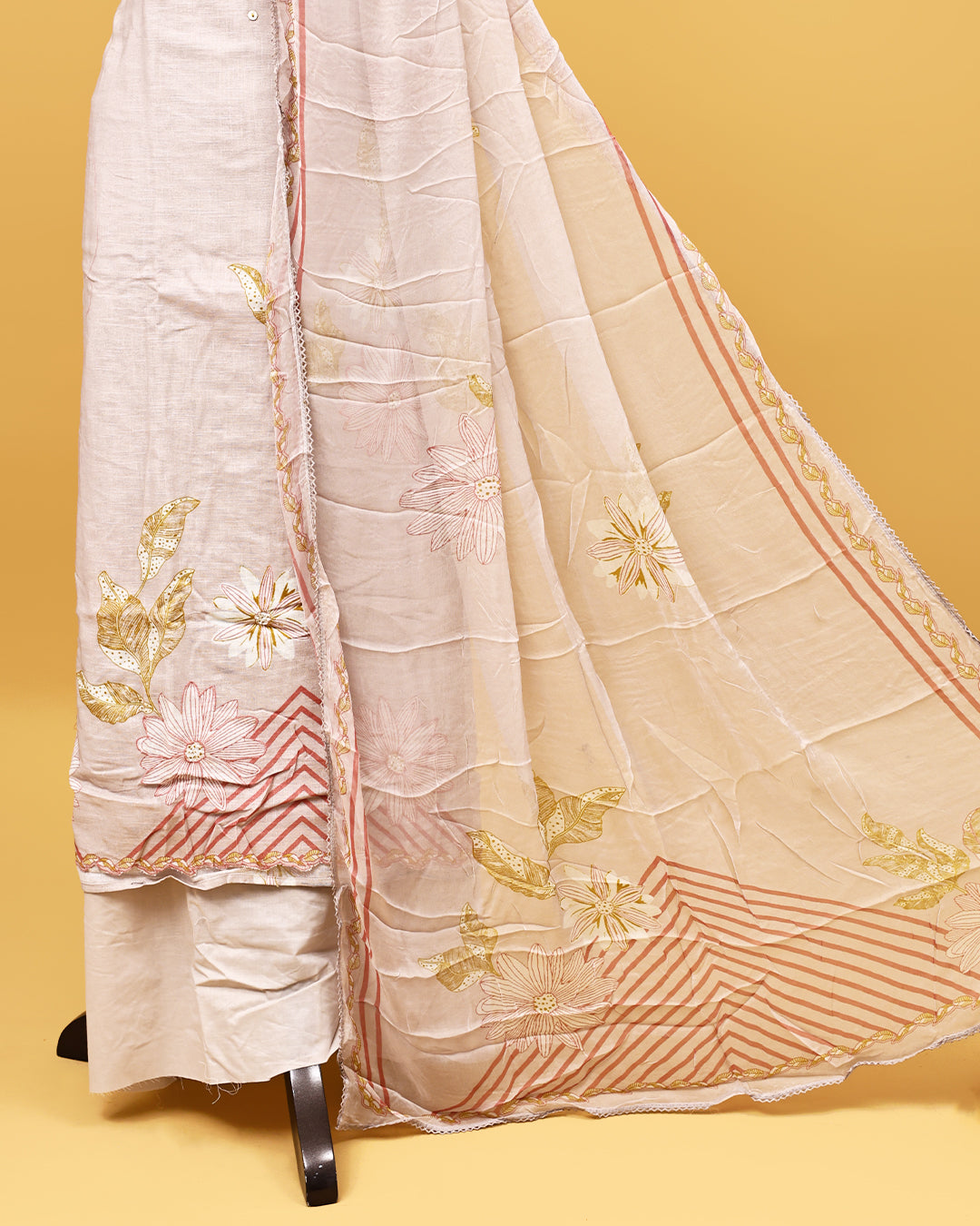 Light Grey colour Linen Salwar material with Thread With print work on body, matching bottom & Dupatta.