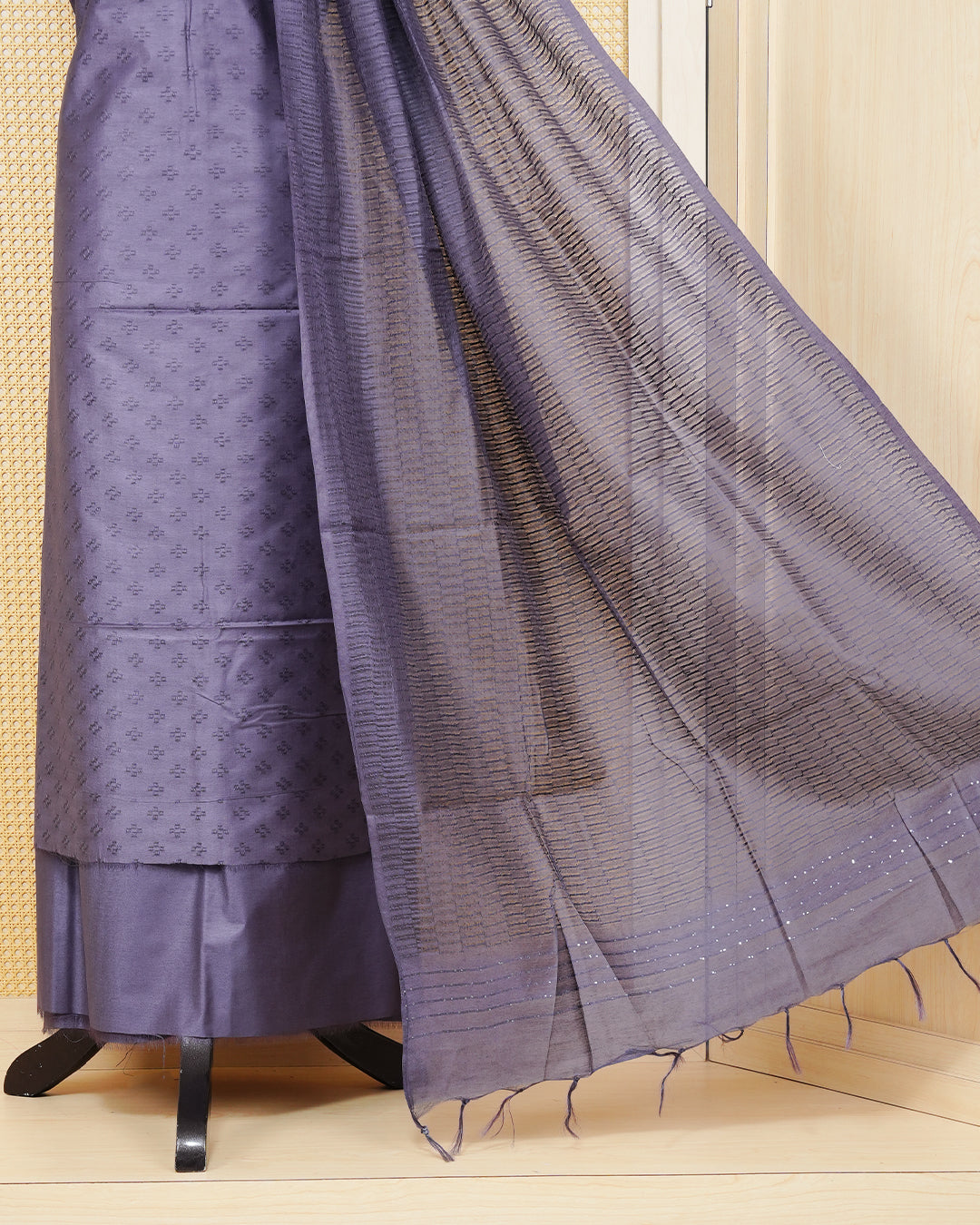 Deep Purple Woven Jacquard Salwar Material Featurs a Subtle Self-Textered Patten Aborned With Shimmering Embossed Geomatric Cross Motifs With Matching Bottom & Elegant Dupatta