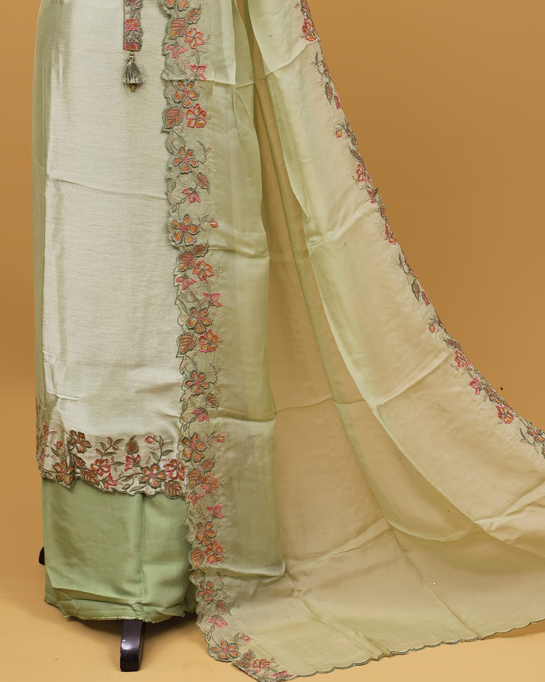Pastel Green colour Organza Salwar material with Thread work on body, matching bottom & Dupatta.