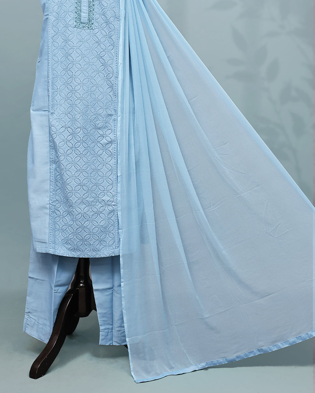Light Blue colour Salwar set comes top with thread work on body, paired with matching bottom and dupatta.