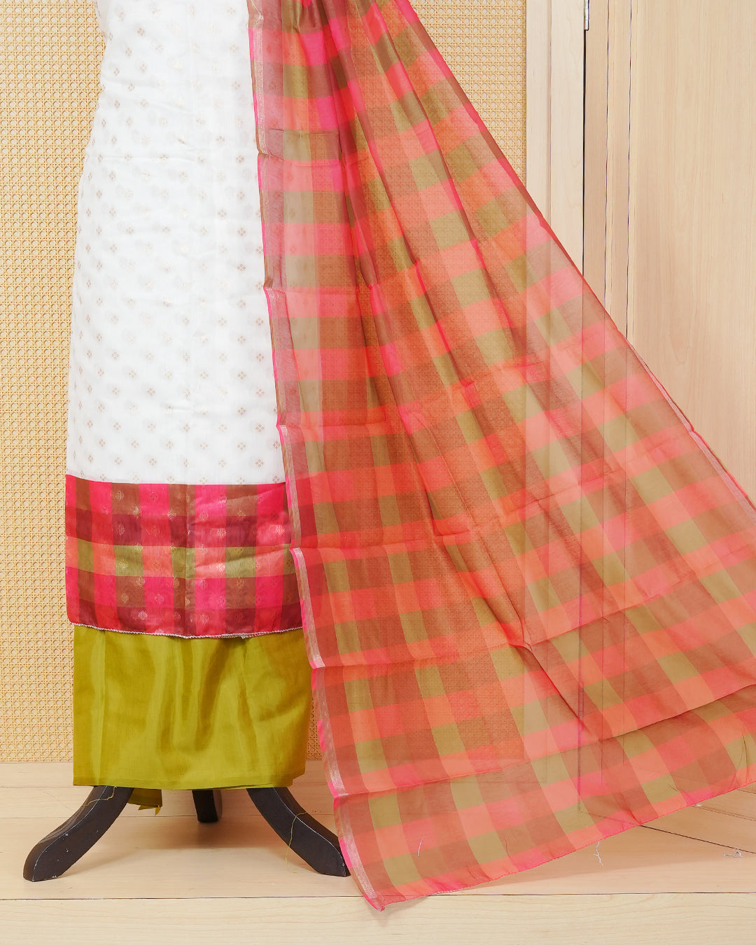 White & Olive Chanderi salwar material featuring Gold zari Small motifs on body and Check pattern body, paired with matching colour santoon bottom, elegant dupatta.