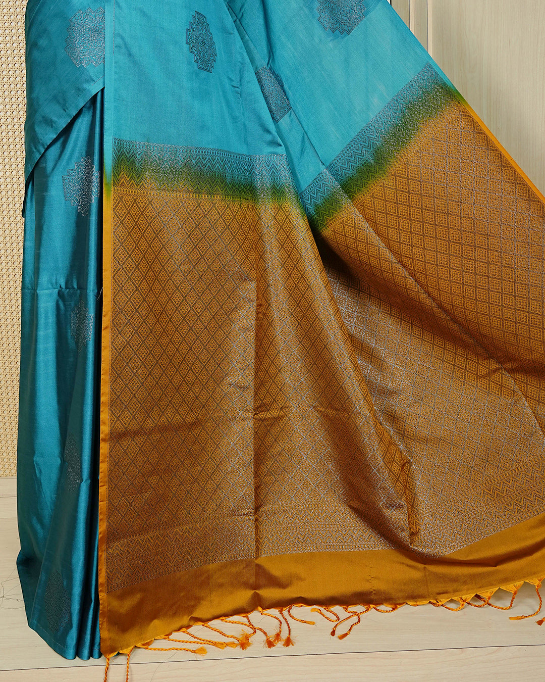 Dark cyan blue colour soft silk saree