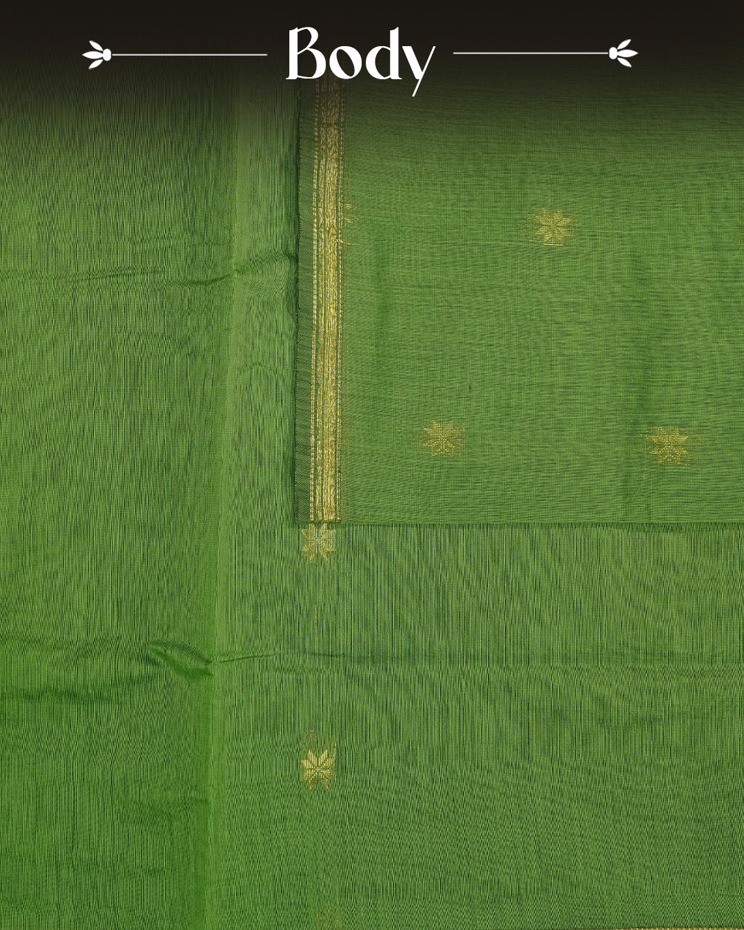Green  colour kalyani cotton saree featuring gold zari Floral pattern on body, complemented by Black colour with Stripes & Floral Gold zari border, paired with matching blouse piece