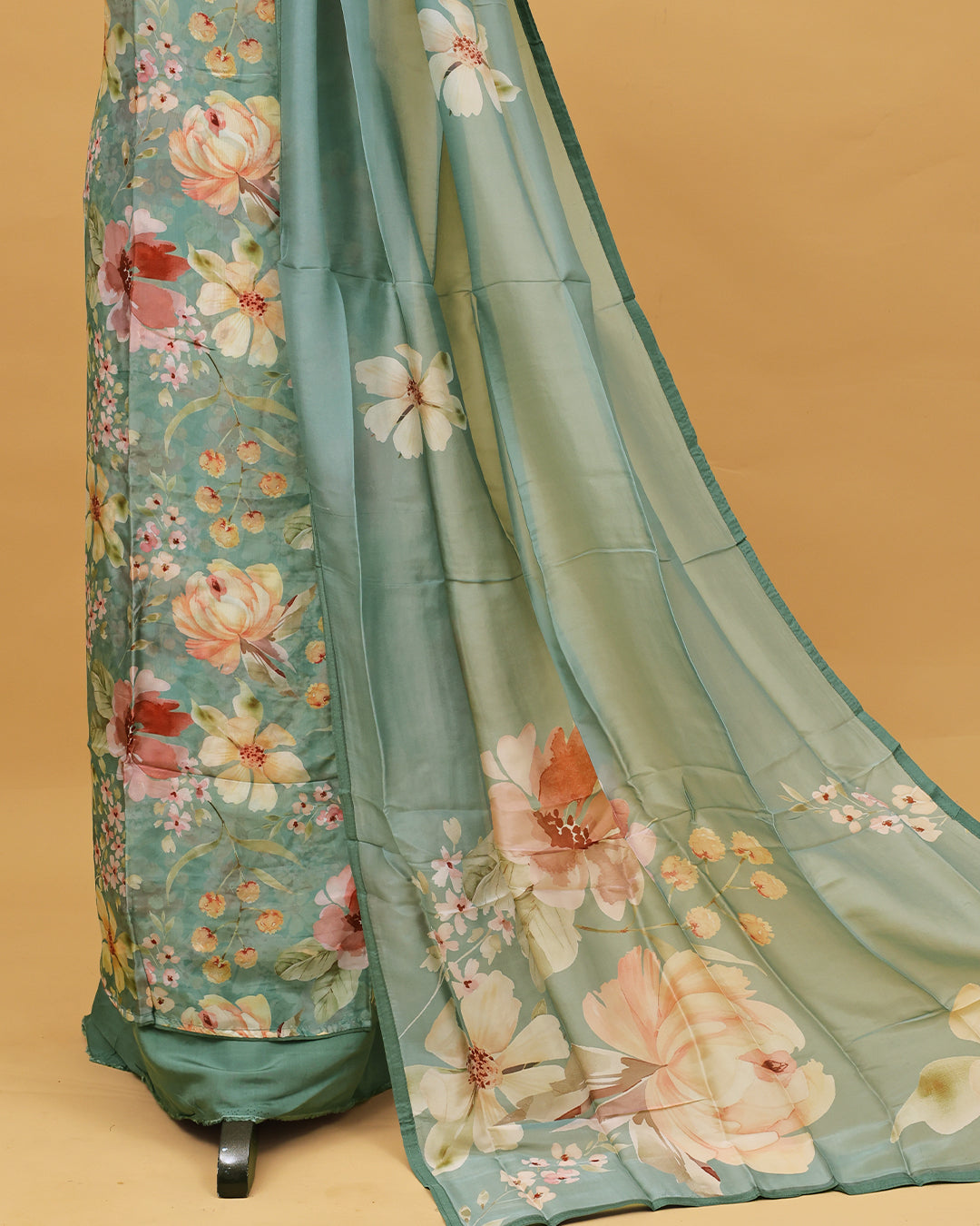 Sage colour Organza Salwar material with Floral print work on body, matching bottom & Dupatta.