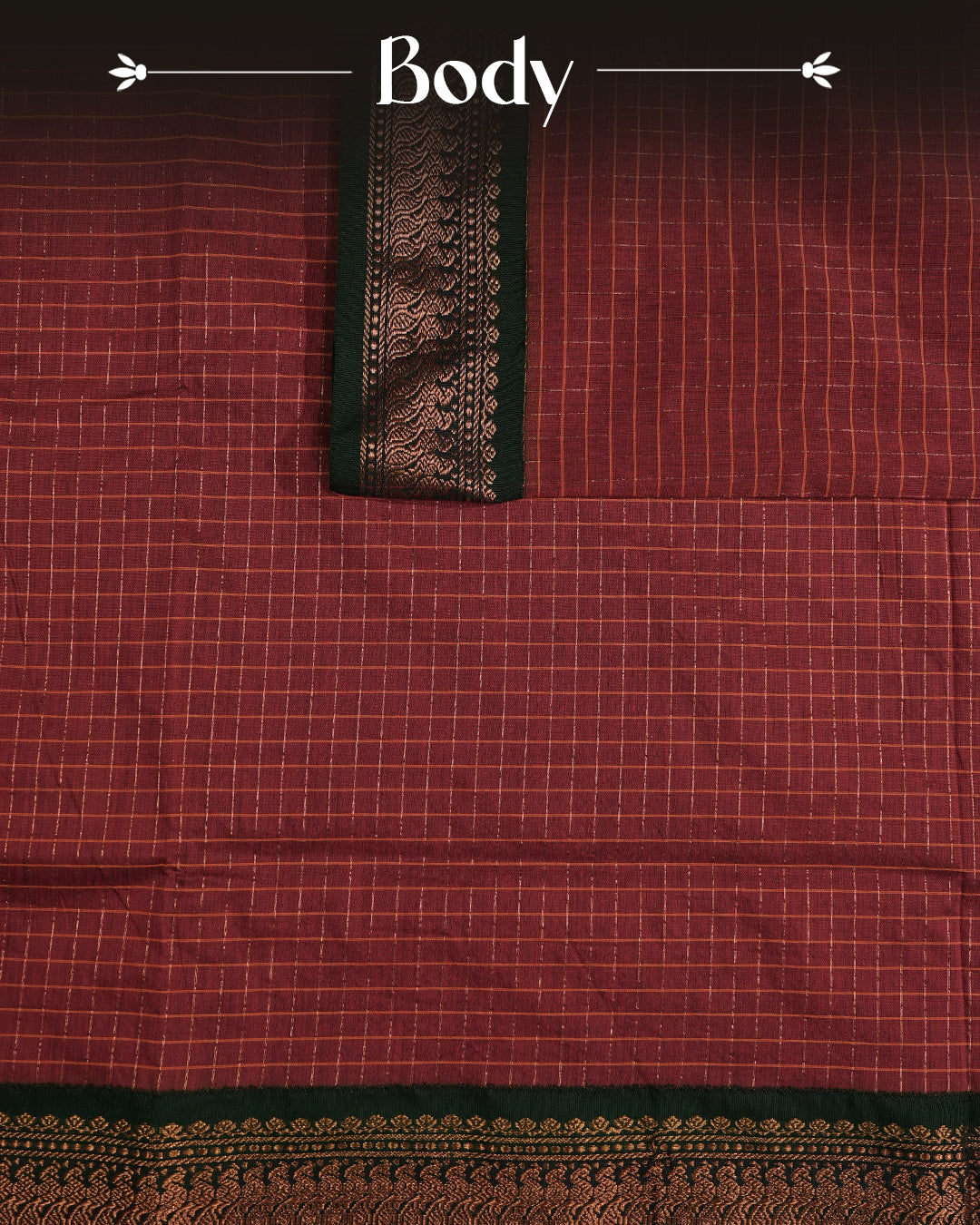 Maroon colour kalyani cotton saree featuring gold zari check pattern on body, complemented by Green colour with Antique zari border, paired with matching blouse piece