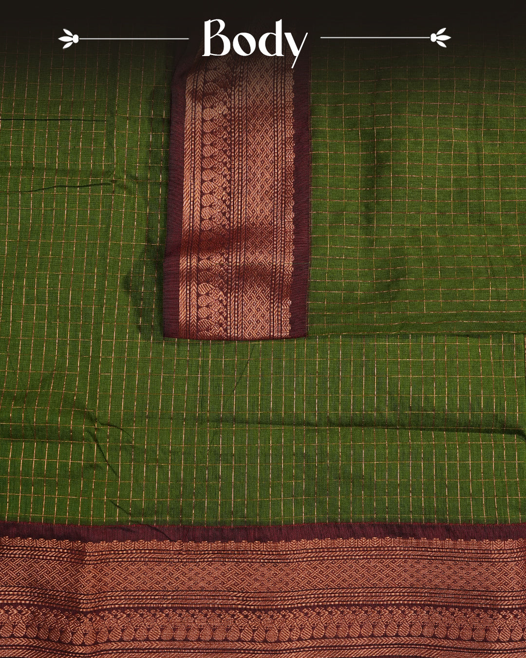 Light Green colour kalyani cotton saree featuring gold zari check pattern on body, complemented by Maroon colour with Antique zari border, paired with matching blouse piece