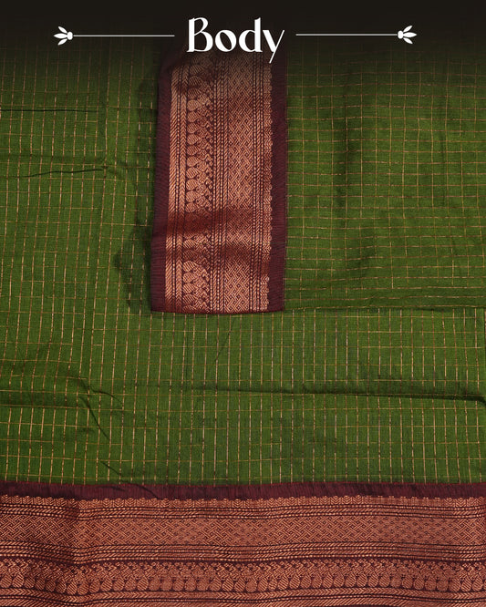 Light Green colour kalyani cotton saree featuring gold zari check pattern on body, complemented by Maroon colour with Antique zari border, paired with matching blouse piece