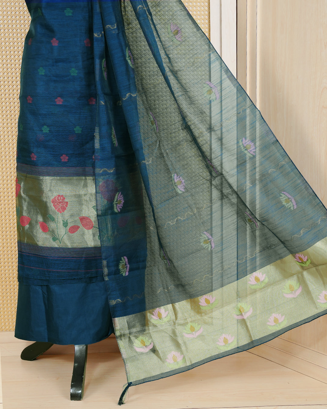 Dark Teal Blue and Gold Colour Semi Linen Material Featuring Floral Thread Pattern Plain Body, Paired with Matching Bottom & Elegant Dupatta