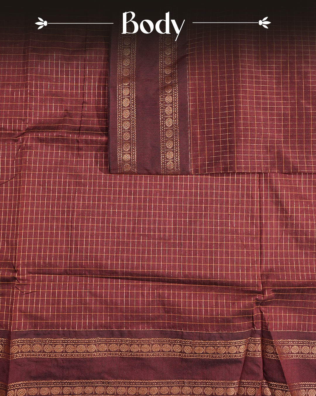 Dark Brown colour kalyani cotton saree featuring gold zari check pattern on body, complemented by Self colour with Antique zari border, paired with matching blouse piece