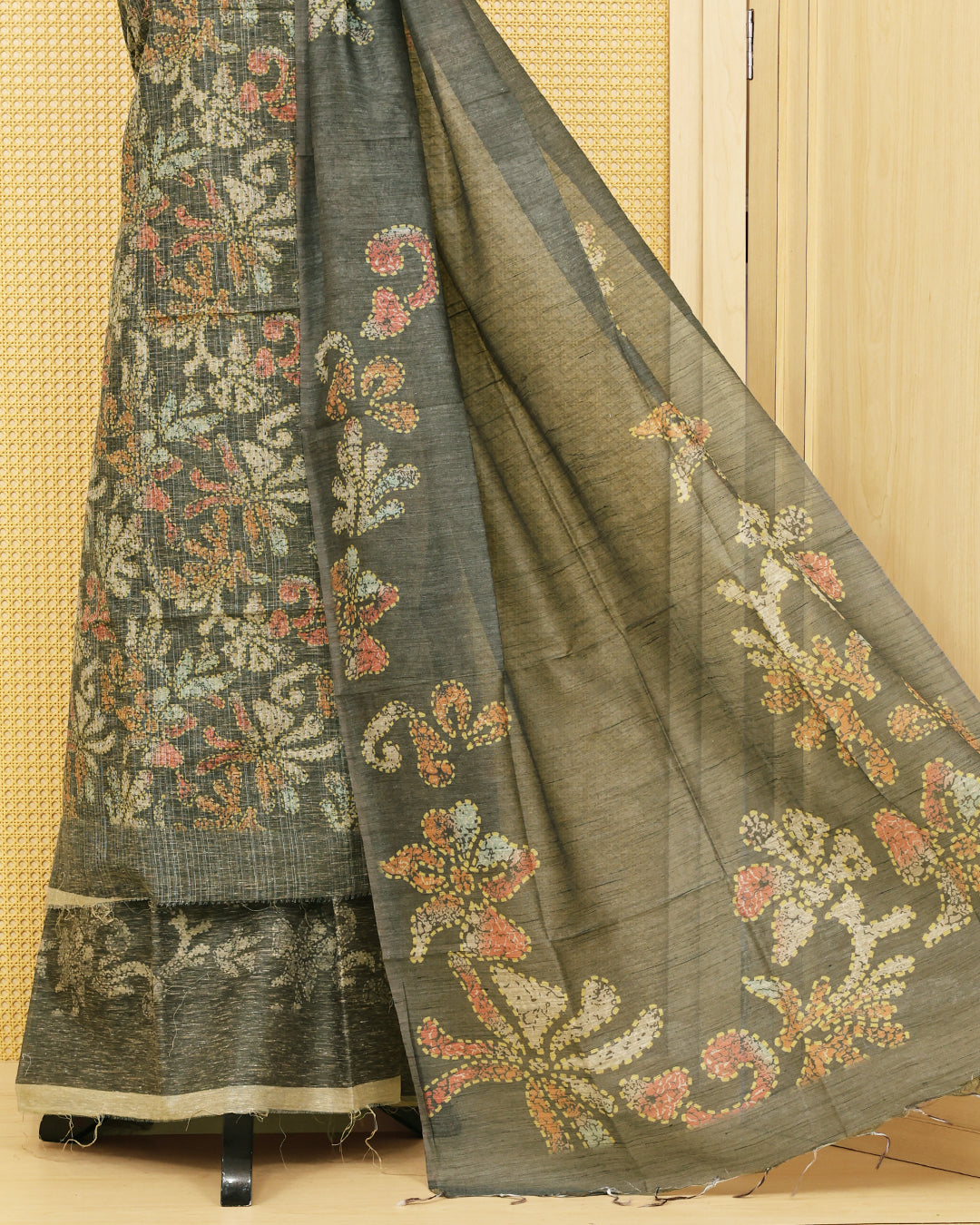 Black Olive colour organza Salwar Material featuring Floral Printed kurta with a matching bottom and a coordinated floral printed dupatta