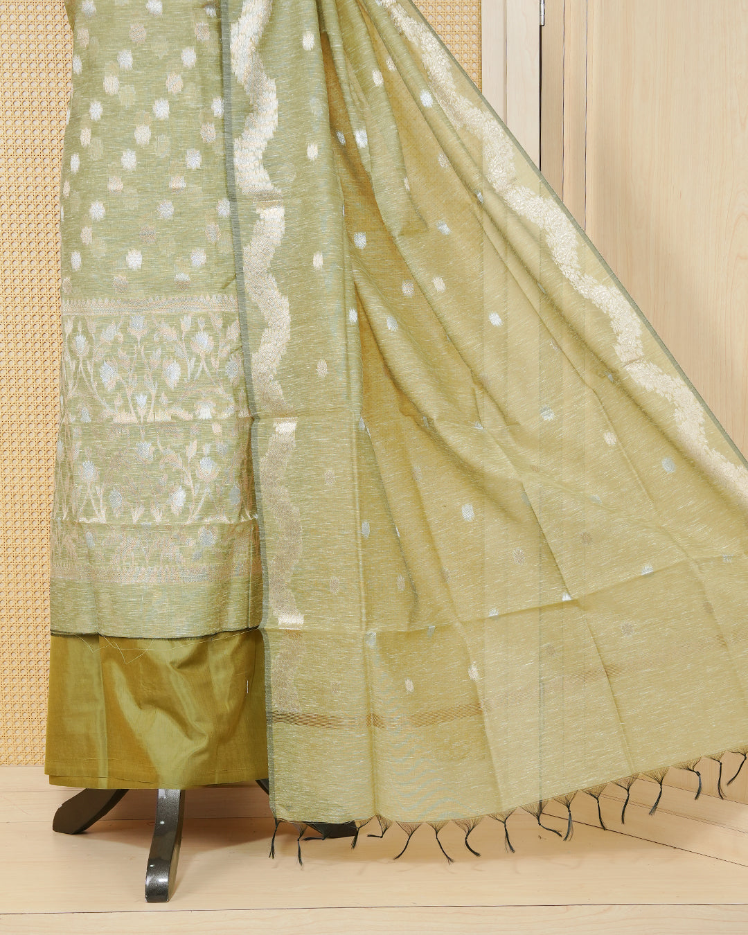 Olive colour salwar material featuring Gold and Silver Butta Design without border, paired with matching bottom and elegant dupatta.