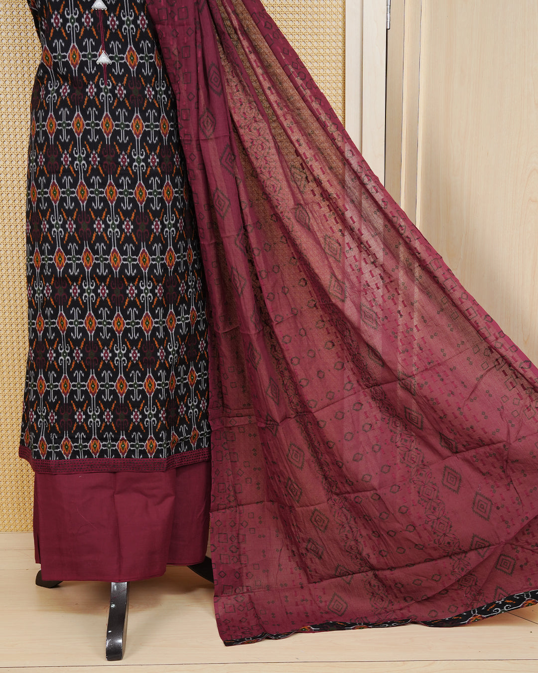 Black Colour Cotton Salwar Material Featuring Print Pattern on body, Paired With Matching Bottom & Elegant Dupatta