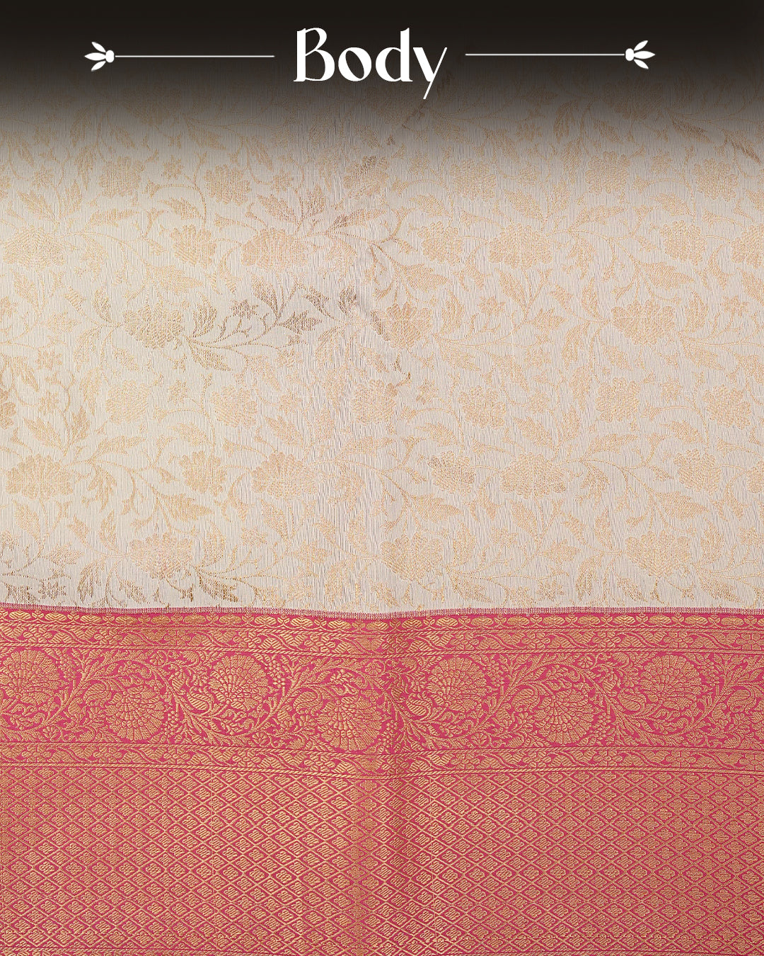 Cream colour semi wedding saree featuring gold zari Pattern on body, contrast Pink colour with traditional border, paired with matching blouse piece.