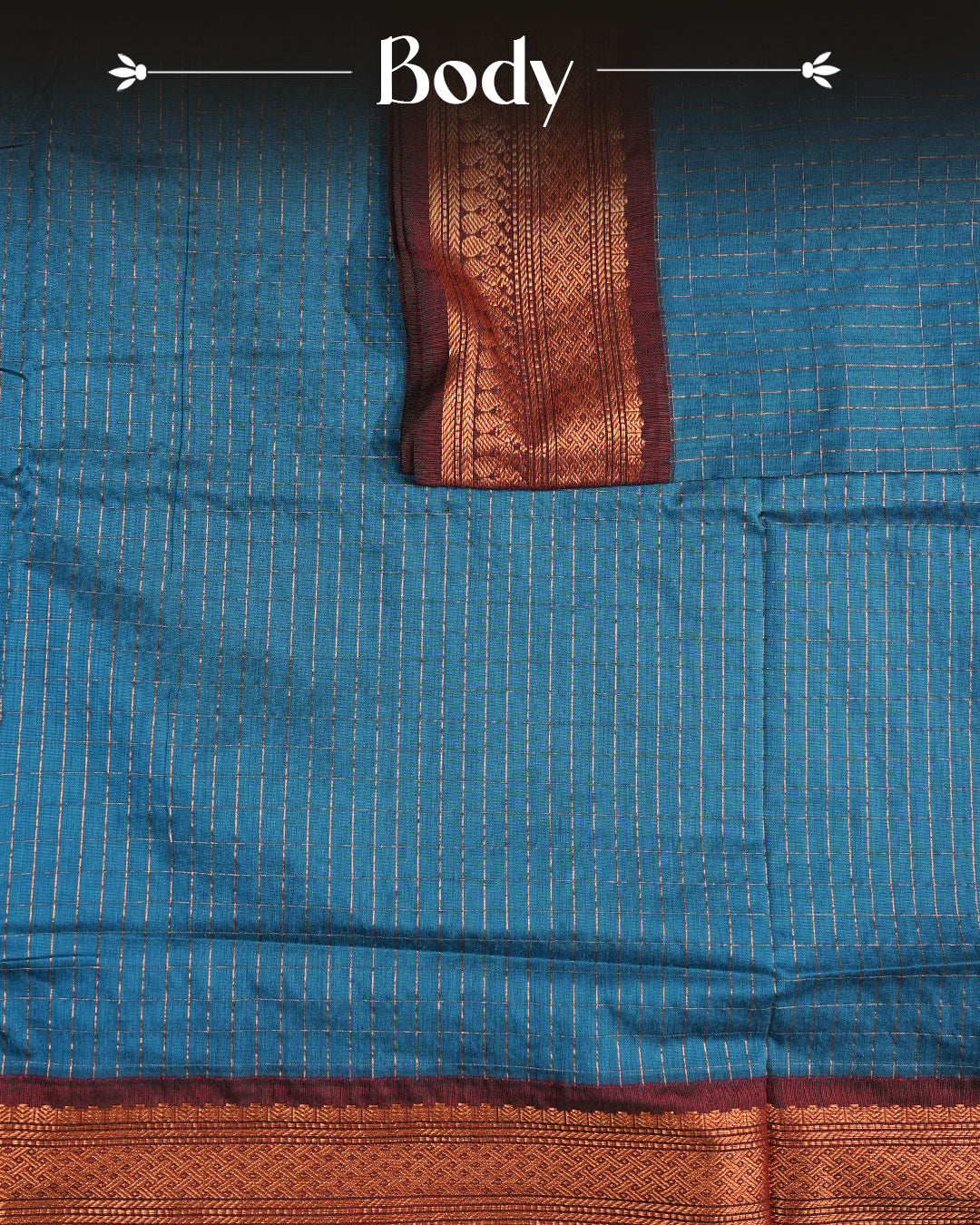 Peacock Blue colour kalyani cotton saree featuring Copper zari check pattern on body, complemented by Maroon colour with Antique zari border, paired with matching blouse piece