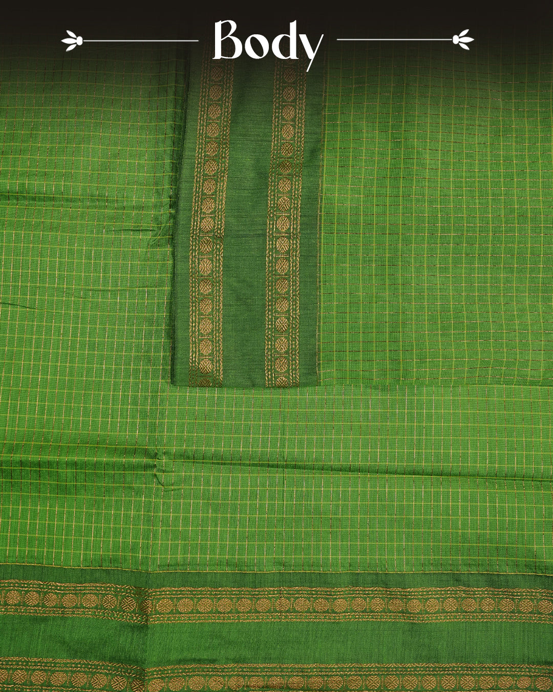 Green colour kalyani cotton saree featuring zari check pattern on body, complemented by Contrast colour with Antique zari border, paired with matching blouse piece