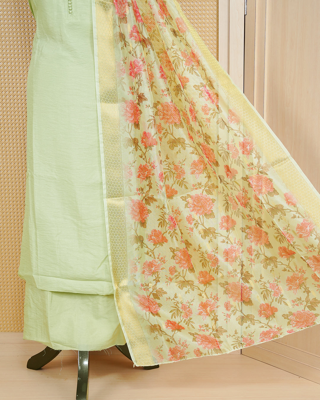 Sage Green Colour Organza Salwar Material Featuring Plain Body, Paired With Matching Bottom & Elegant Dupatta.