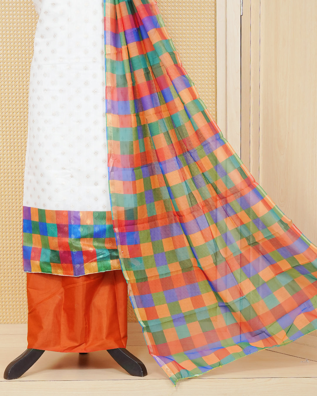 White & Rust Orange Chanderi salwar material featuring Gold zari Small motifs on body and Check pattern body, paired with matching colour santoon bottom, elegant dupatta.