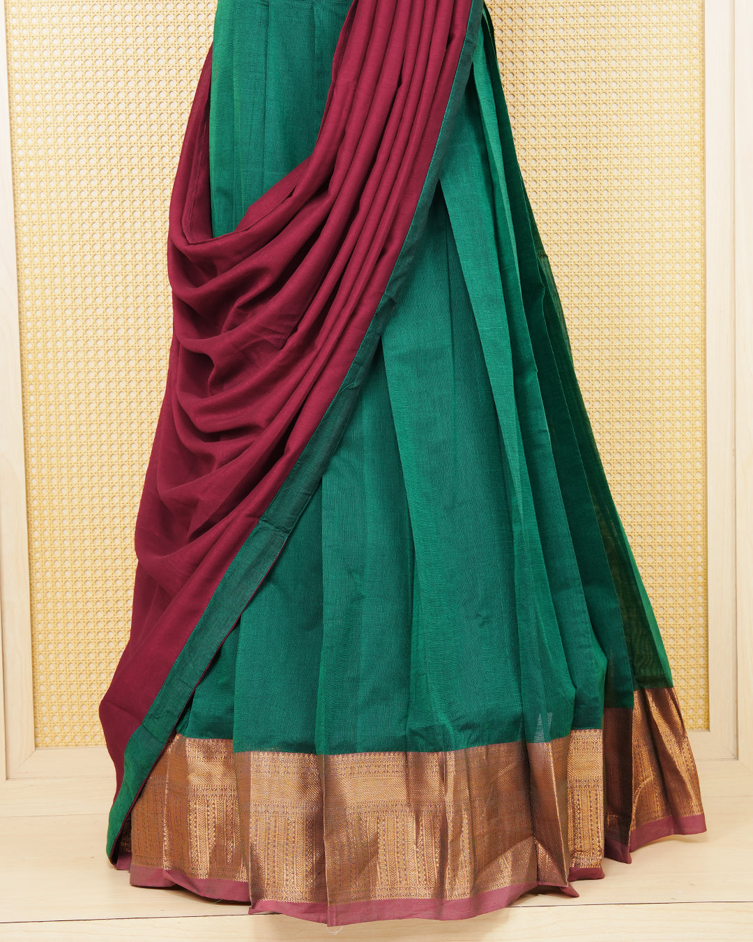 Bottle green colour Chettinad Semi Stitched dhavani set Featuring brick red with Gold zari on skirt, matching Blouse & Contrast dupatta.