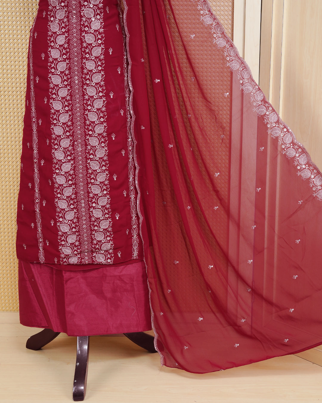 Maroon colour Georgette Salwar Material Featuring Gold Thread Work on body, paired with matching Bottom & Elegant Dupatta.