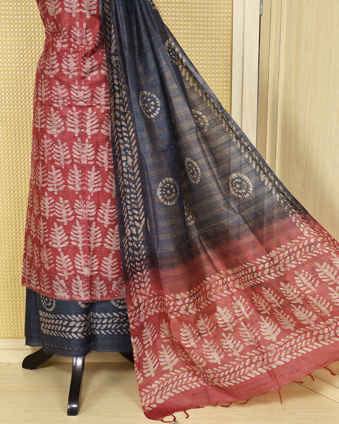Light red colour chanderi  Salwar Material with leaf print kurta, contrast greyish blue bottom, and matching printed dupatta.