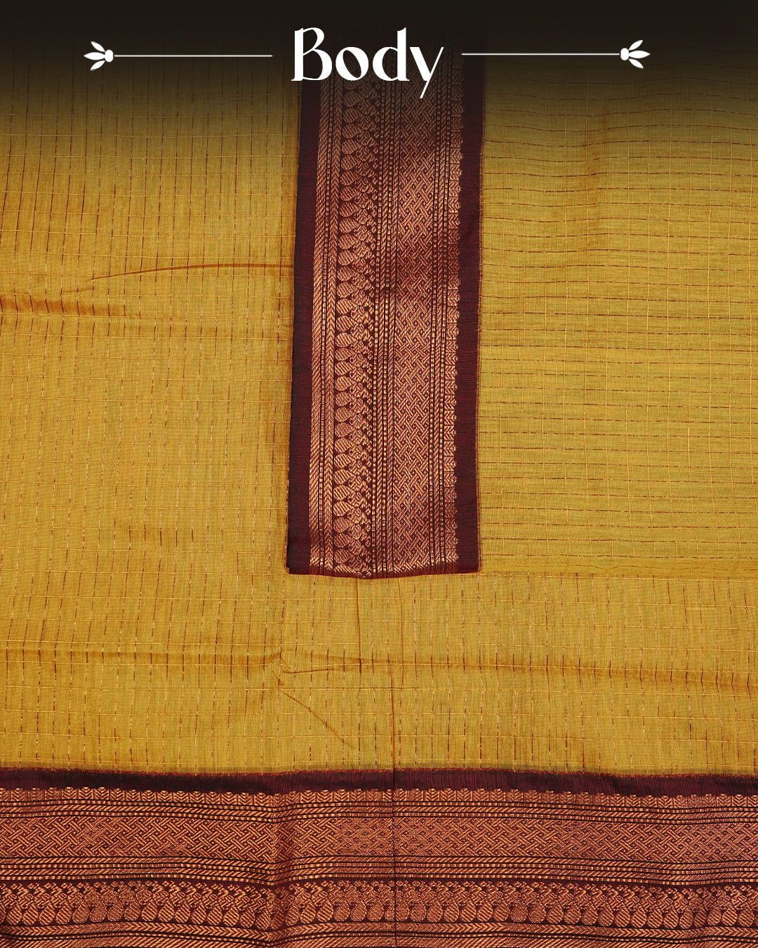 Mustard colour kalyani cotton saree featuring Copper zari check pattern on body, complemented by Brown colour with Antique zari border, paired with matching blouse piece
