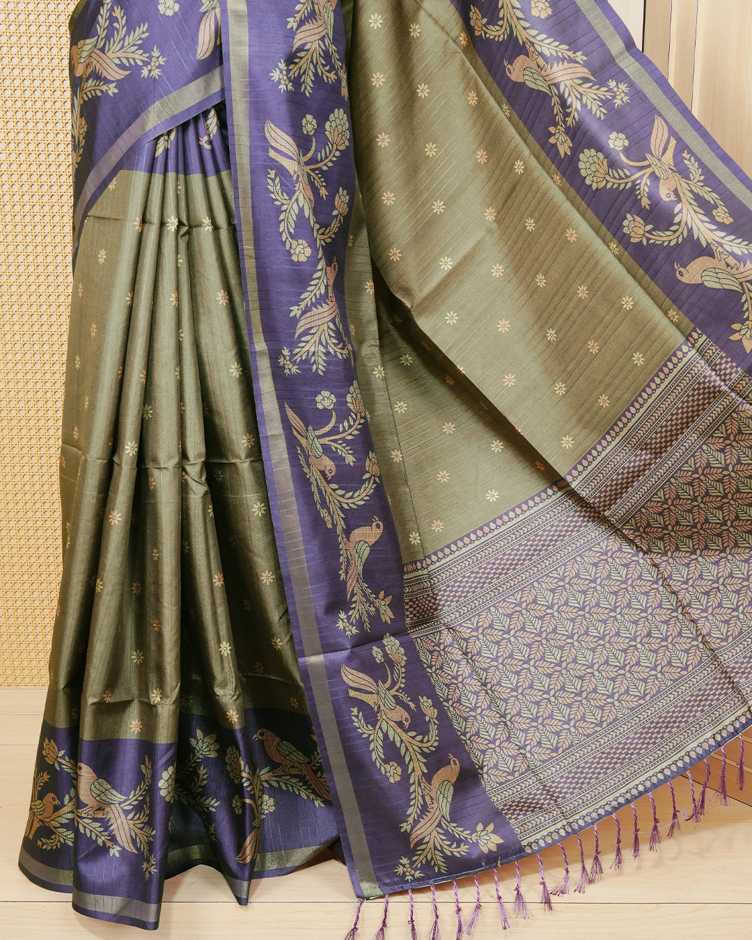 Olive green colour semi linen saree