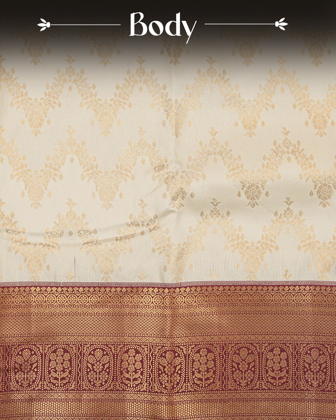 Cream colour semi wedding saree featuring gold zari Pattern on body, contrast  Dark Wine colour with traditional border, paired with matching blouse piece.