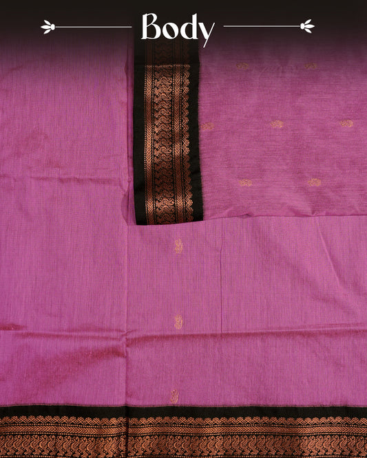 Pink Colour Kalyani Cotton Saree Featuring Gold Zari Patterns on the Body, Complemented by a Black Colour with Gold Zari Border , Paired with a Matching Blouse Piece.