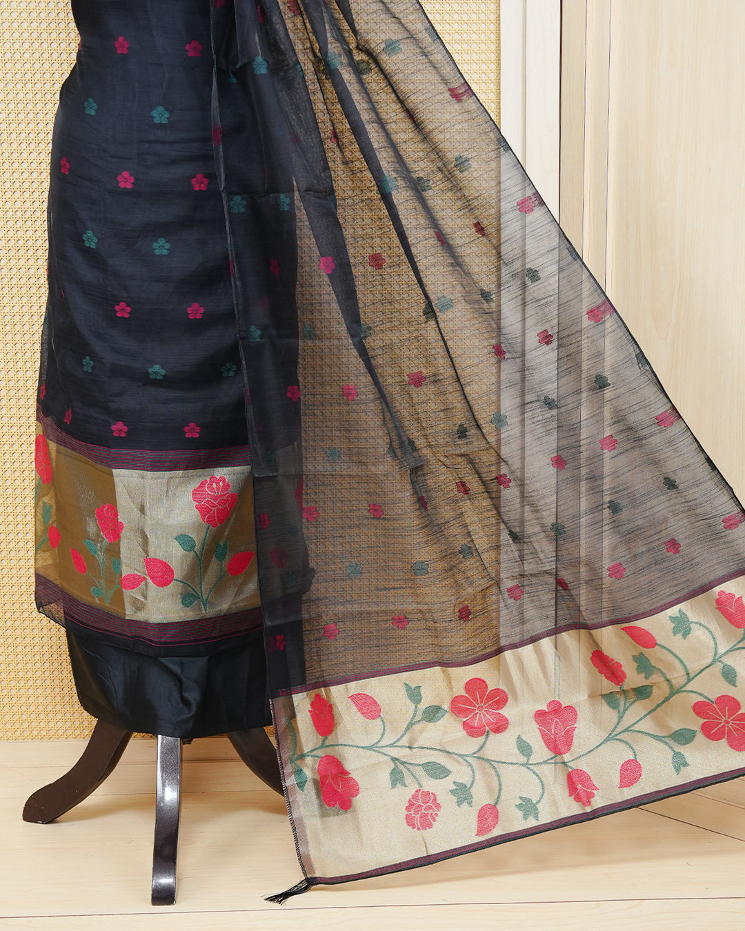 Black and Gold Colour Semi Linen Material Featuring Floral Thread Pattern Plain Body, Paired with Matching Bottom & Elegant Dupatta