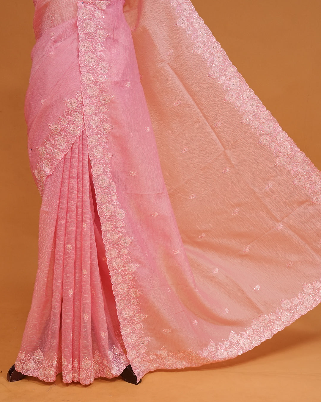 Baby Pink colour Crush organza saree with Cut Beats & Sequins.