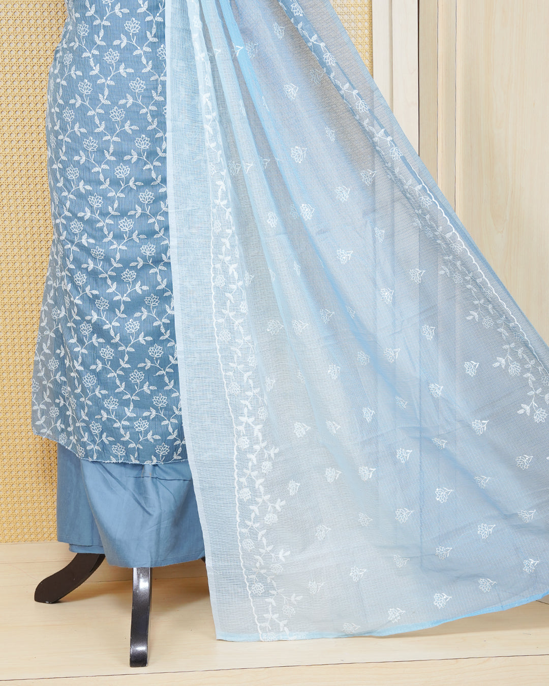 Dusty Denim Colour Net Kota Salwar Material Featuring Printed Designs with Floral Thread Work, Paired with a Matching Bottom and an Elegant Dupatta.
