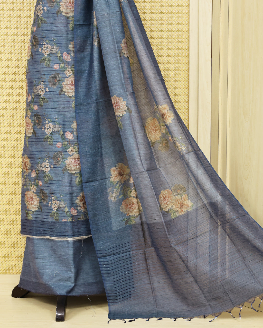 Greyish Blue colour Organza Salwar Material featuring elegant floral digital prints on the kurta, paired with a matching bottom and a self coloured floral printed dupatta.