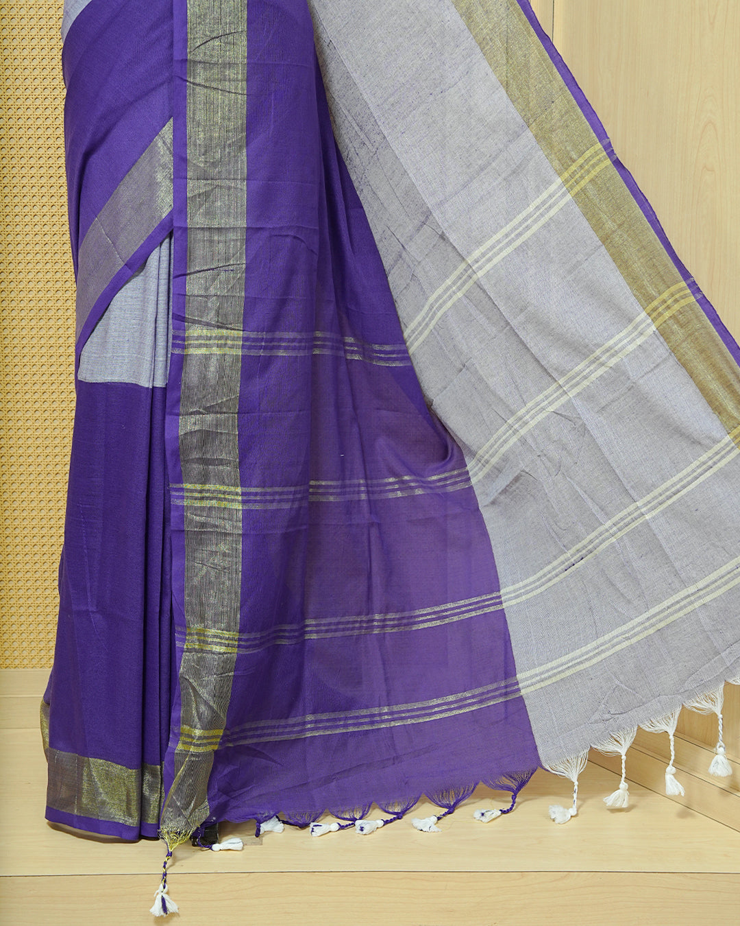 Violet & Light Violet Colour Half & Half Mul cotton saree Complemented by contrast colour Zari Border & tassels.